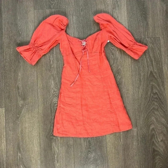 Aritzia Wilfred Stanza Mini Dress Linen Puff Sleeve Coral Pink Corset Size XXS - Picture 2 of 16